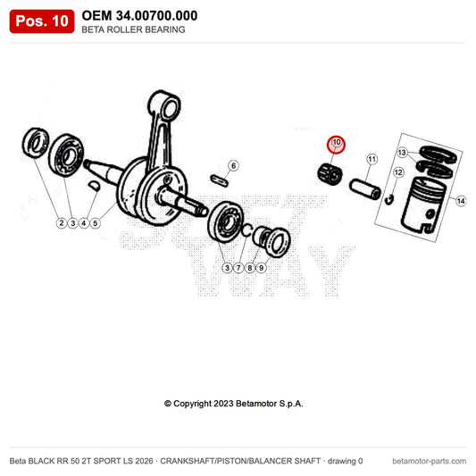 BETA ROLLER BEARING – OEM 34.00700.000, position 10 on the Beta BLACK RR 50 2T SPORT LS 2026 crankshaft/piston/balancer shaft drawing