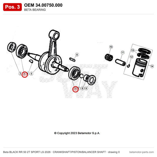 BETA BEARING – OEM 34.00750.000, position 3 on the Beta BLACK RR 50 2T SPORT LS 2026 crankshaft/piston/balancer shaft drawing