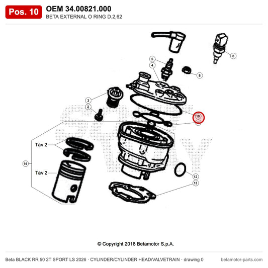 BETA EXTERNAL O RING D.2,62 – OEM 34.00821.000, position 10 on the Beta BLACK RR 50 2T SPORT LS 2026 cylinder/cylinder head/valvetrain drawing