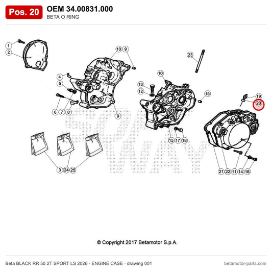 BETA O RING – OEM 34.00831.000, position 20 on the Beta BLACK RR 50 2T SPORT LS 2026 engine case drawing