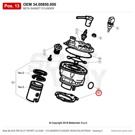 BETA GASKET CYLINDER – OEM 34.00850.000, position 13 on the Beta BLACK RR 50 2T SPORT LS 2026 cylinder/cylinder head/valvetrain drawing