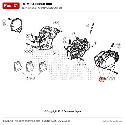 BETA GASKET CRANKCASE COVER – OEM 34.00860.000, position 21 on the Beta BLACK RR 50 2T SPORT LS 2026 engine case drawing