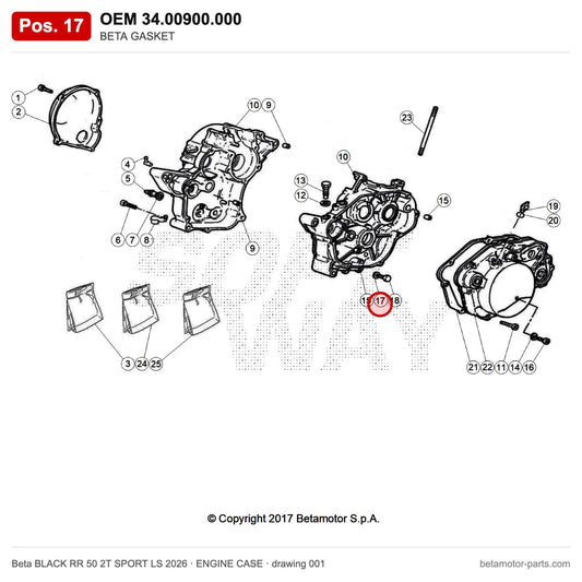 BETA GASKET – OEM 34.00900.000, position 17 on the Beta BLACK RR 50 2T SPORT LS 2026 engine case drawing