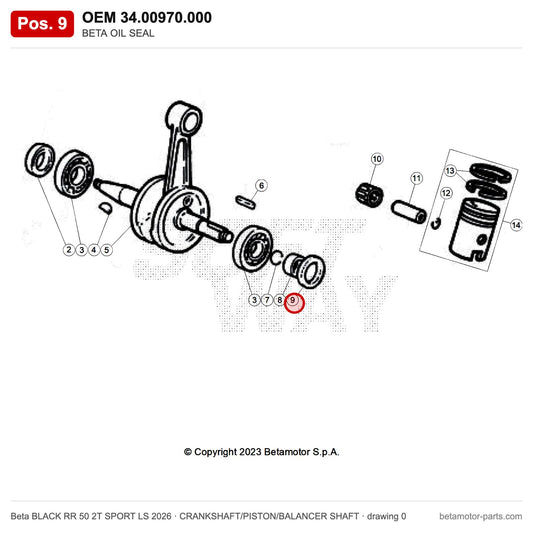 BETA OIL SEAL – OEM 34.00970.000, position 9 on the Beta BLACK RR 50 2T SPORT LS 2026 crankshaft/piston/balancer shaft drawing
