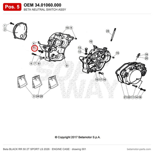 BETA NEUTRAL SWITCH ASSY – OEM 34.01060.000, position 5 on the Beta BLACK RR 50 2T SPORT LS 2026 engine case drawing
