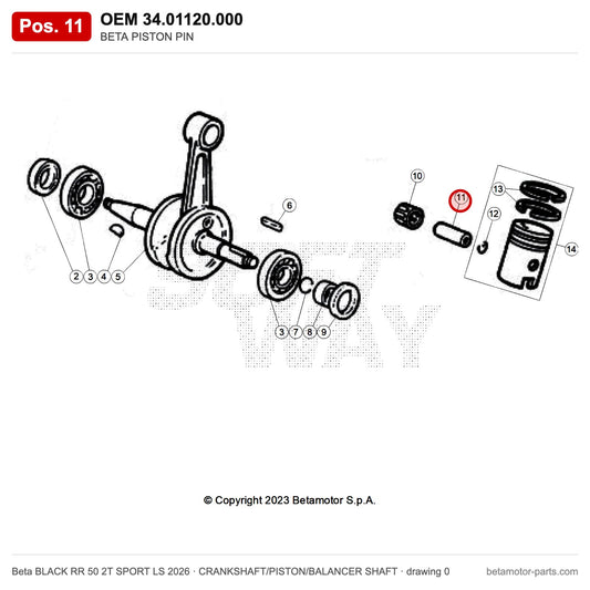 BETA PISTON PIN – OEM 34.01120.000, position 11 on the Beta BLACK RR 50 2T SPORT LS 2026 crankshaft/piston/balancer shaft drawing