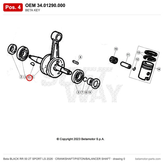 BETA KEY – OEM 34.01290.000, position 4 on the Beta BLACK RR 50 2T SPORT LS 2026 crankshaft/piston/balancer shaft drawing