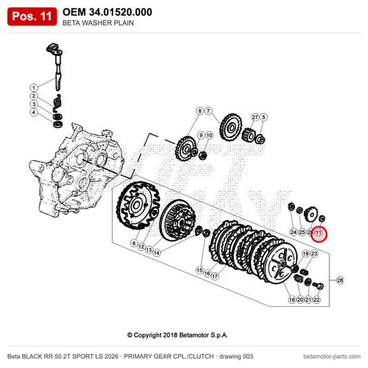 BETA WASHER PLAIN – OEM 34.01520.000, position 11 on the Beta BLACK RR 50 2T SPORT LS 2026 primary gear cpl./clutch drawing