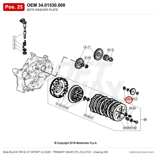 BETA WASHER PLATE – OEM 34.01530.000, position 25 on the Beta BLACK RR 50 2T SPORT LS 2026 primary gear cpl./clutch drawing