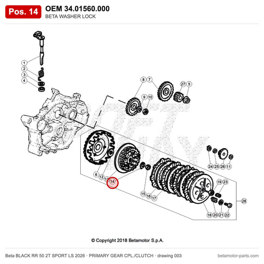 BETA WASHER LOCK – OEM 34.01560.000, position 14 on the Beta BLACK RR 50 2T SPORT LS 2026 primary gear cpl./clutch drawing