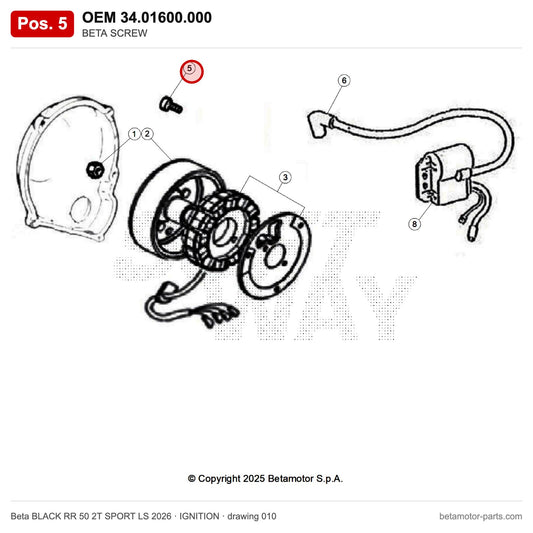 BETA SCREW – OEM 34.01600.000, position 5 on the Beta BLACK RR 50 2T SPORT LS 2026 ignition drawing