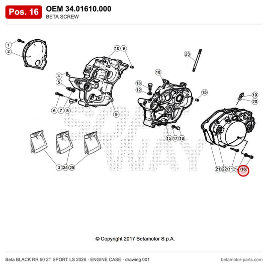 BETA SCREW – OEM 34.01610.000, position 16 on the Beta BLACK RR 50 2T SPORT LS 2026 engine case drawing