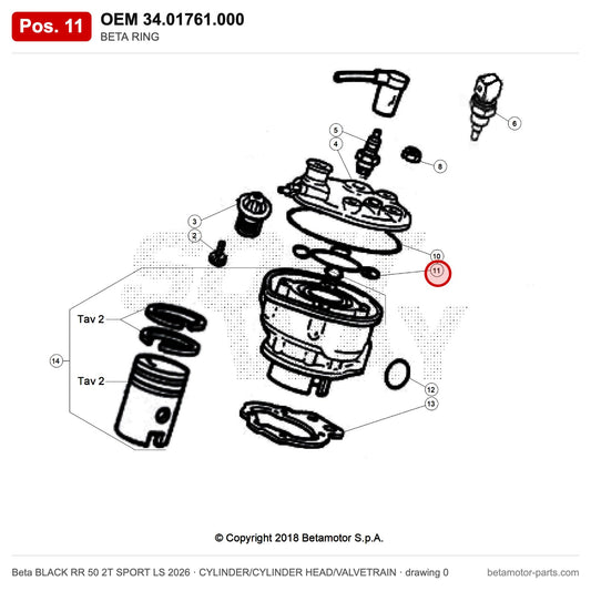 BETA RING – OEM 34.01761.000, position 11 on the Beta BLACK RR 50 2T SPORT LS 2026 cylinder/cylinder head/valvetrain drawing