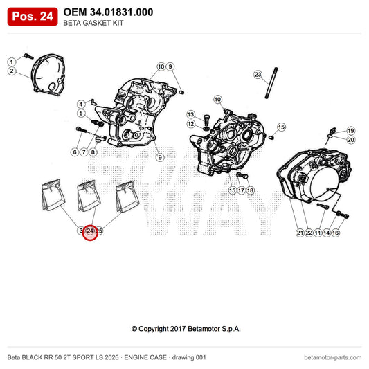 BETA GASKET KIT – OEM 34.01831.000, position 24 on the Beta BLACK RR 50 2T SPORT LS 2026 engine case drawing