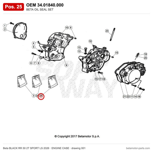 BETA OIL SEAL SET – OEM 34.01840.000, position 25 on the Beta BLACK RR 50 2T SPORT LS 2026 engine case drawing