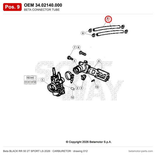 BETA CONNECTOR TUBE – OEM 34.02140.000, position 9 on the Beta BLACK RR 50 2T SPORT LS 2026 carburetor drawing