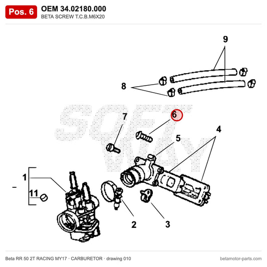 BETA SCREW T.C.B.M6X20 – OEM 34.02180.000, position 6 on the Beta RR 50 2T RACING MY17 carburetor drawing