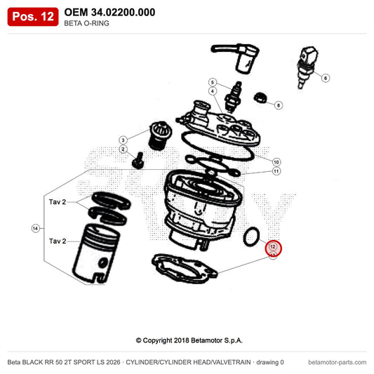BETA O-RING – OEM 34.02200.000, position 12 on the Beta BLACK RR 50 2T SPORT LS 2026 cylinder/cylinder head/valvetrain drawing