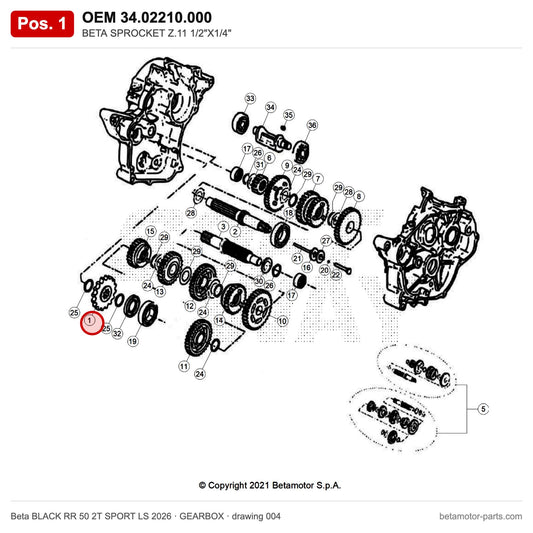 BETA SPROCKET Z.11 1/2"X1/4" – OEM 34.02210.000, position 1 on the Beta BLACK RR 50 2T SPORT LS 2026 gearbox drawing