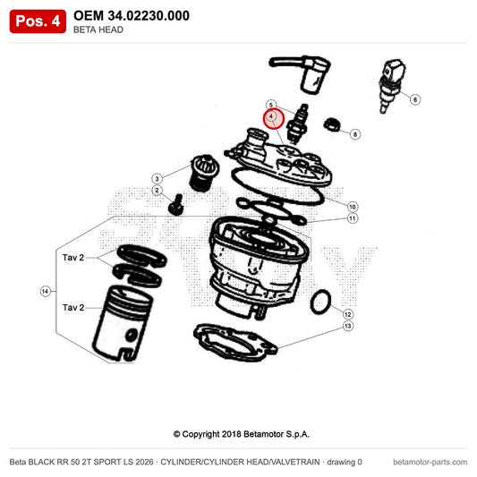 BETA HEAD – OEM 34.02230.000, position 4 on the Beta BLACK RR 50 2T SPORT LS 2026 cylinder/cylinder head/valvetrain drawing