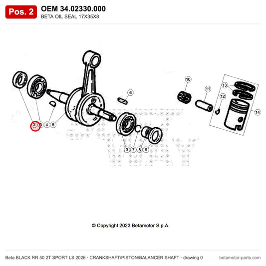 BETA OIL SEAL 17X35X8 – OEM 34.02330.000, position 2 on the Beta BLACK RR 50 2T SPORT LS 2026 crankshaft/piston/balancer shaft drawing
