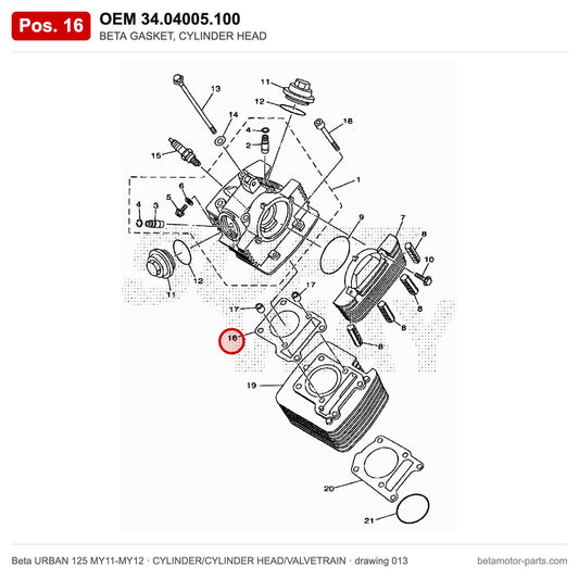 BETA GASKET, CYLINDER HEAD – OEM 34.04005.100, position 16 on the Beta URBAN 125 MY11-MY12 cylinder/cylinder head/valvetrain drawing