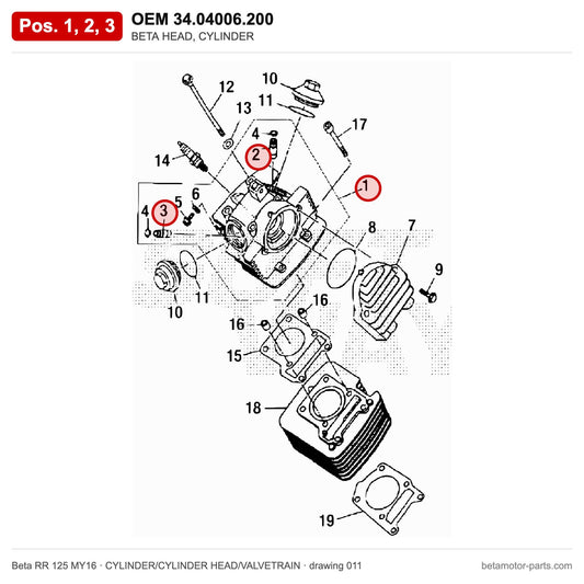 BETA HEAD, CYLINDER – OEM 34.04006.200, positions 1,2,3 on the Beta RR 125 MY16 cylinder/cylinder head/valvetrain drawing