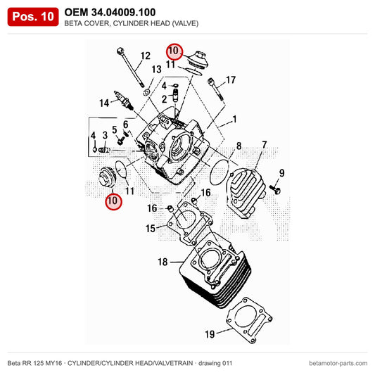 BETA COVER, CYLINDER HEAD (VALVE) – OEM 34.04009.100, position 10 on the Beta RR 125 MY16 cylinder/cylinder head/valvetrain drawing