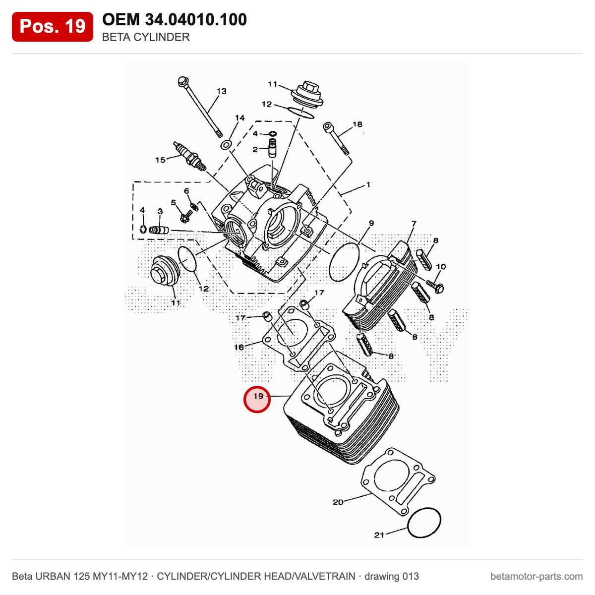 BETA CYLINDER – OEM 34.04010.100, position 19 on the Beta URBAN 125 MY11-MY12 cylinder/cylinder head/valvetrain drawing