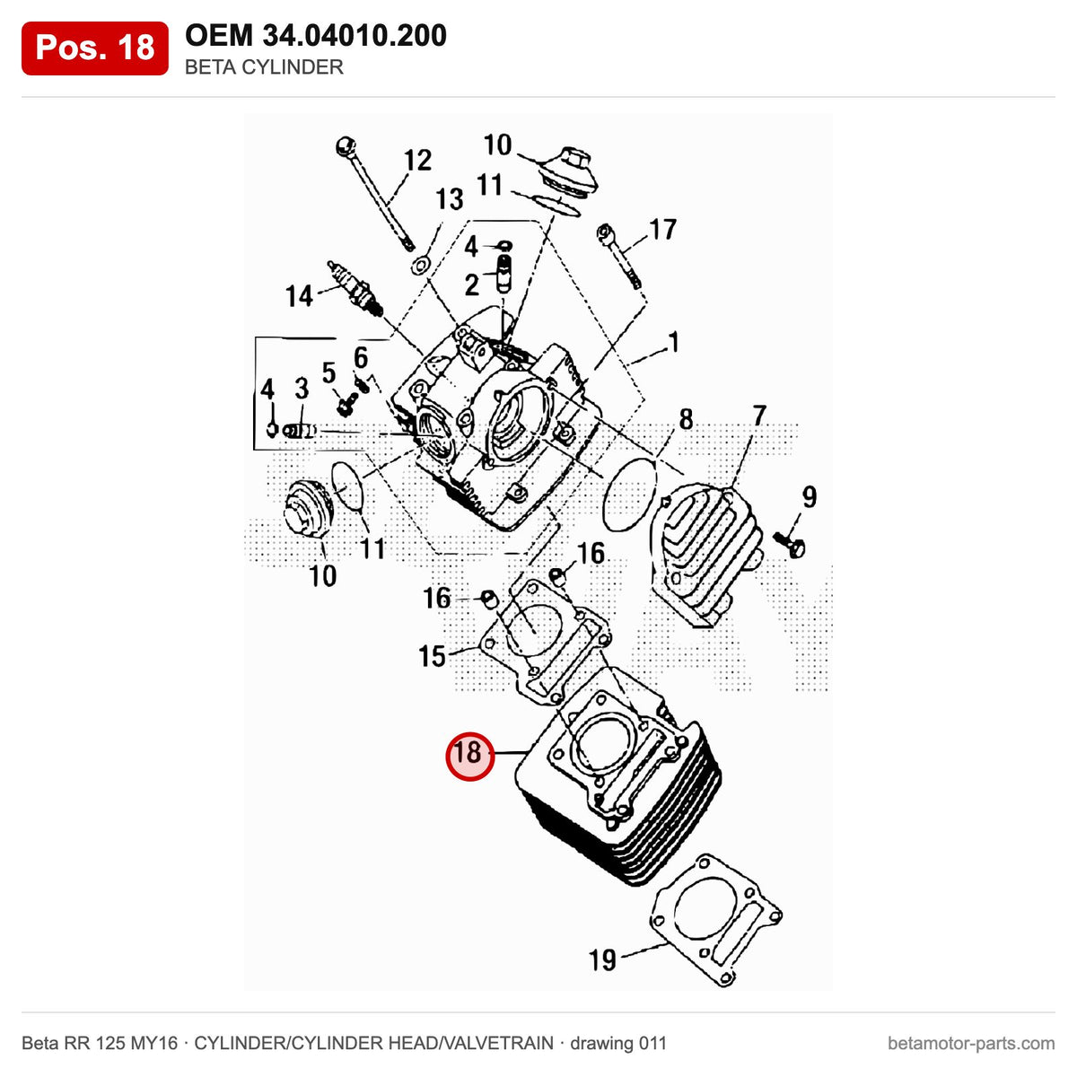 BETA CYLINDER – OEM 34.04010.200, position 18 on the Beta RR 125 MY16 cylinder/cylinder head/valvetrain drawing
