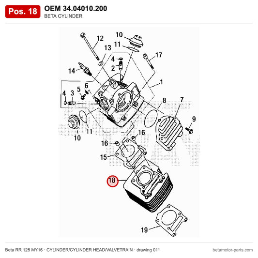 BETA CYLINDER – OEM 34.04010.200, position 18 on the Beta RR 125 MY16 cylinder/cylinder head/valvetrain drawing