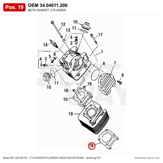 BETA GASKET, CYLINDER – OEM 34.04011.200, position 19 on the Beta RR 125 MY16 cylinder/cylinder head/valvetrain drawing