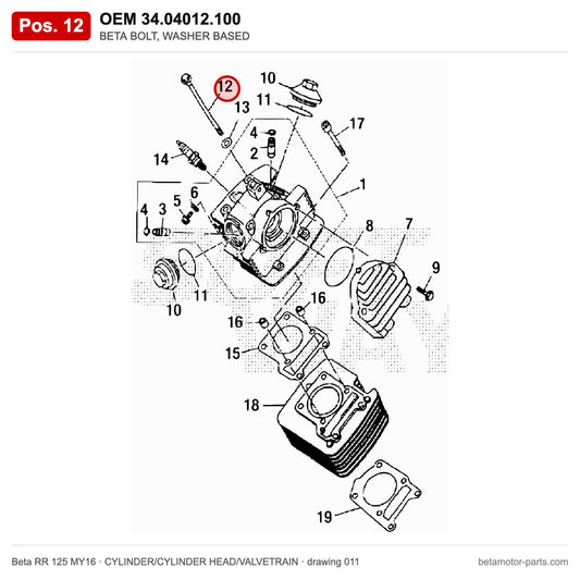 BETA BOLT, WASHER BASED – OEM 34.04012.100, position 12 on the Beta RR 125 MY16 cylinder/cylinder head/valvetrain drawing