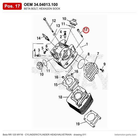 BETA BOLT, HEXAGON SOCK – OEM 34.04013.100, position 17 on the Beta RR 125 MY16 cylinder/cylinder head/valvetrain drawing