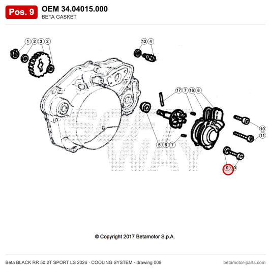 BETA GASKET – OEM 34.04015.000, position 9 on the Beta BLACK RR 50 2T SPORT LS 2026 cooling system drawing