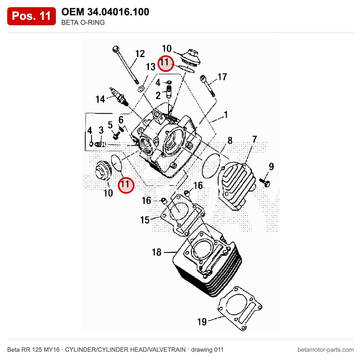 BETA O-RING – OEM 34.04016.100, position 11 on the Beta RR 125 MY16 cylinder/cylinder head/valvetrain drawing
