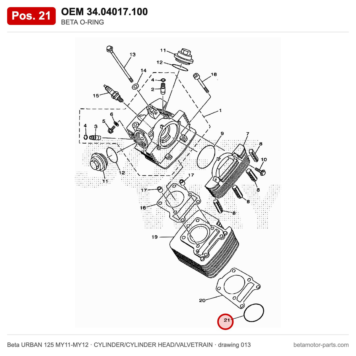 BETA O-RING – OEM 34.04017.100, position 21 on the Beta URBAN 125 MY11-MY12 cylinder/cylinder head/valvetrain drawing