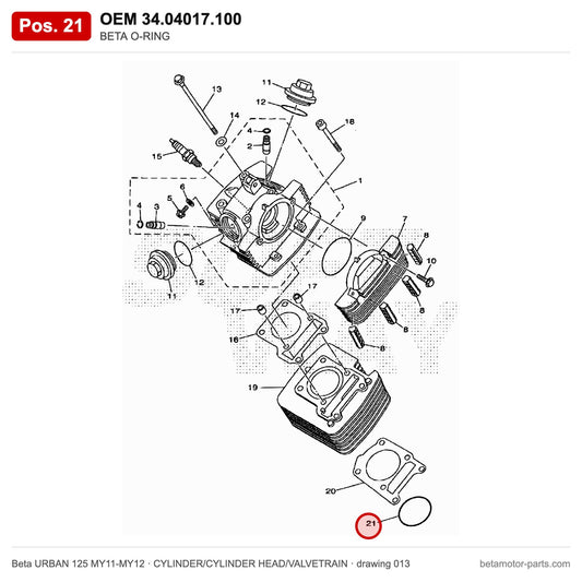 BETA O-RING – OEM 34.04017.100, position 21 on the Beta URBAN 125 MY11-MY12 cylinder/cylinder head/valvetrain drawing