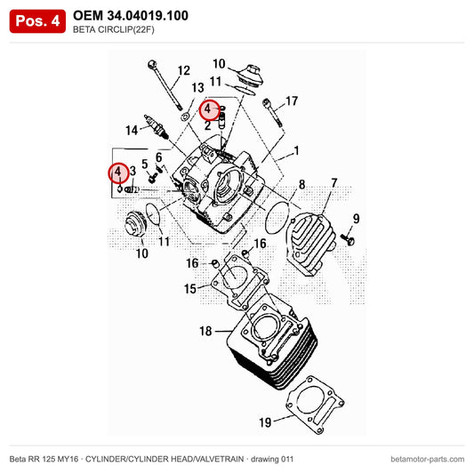 BETA CIRCLIP(22F) – OEM 34.04019.100, position 4 on the Beta RR 125 MY16 cylinder/cylinder head/valvetrain drawing