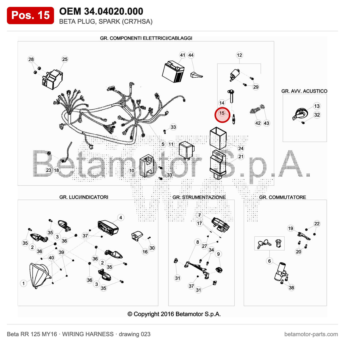 BETA PLUG, SPARK (CR7HSA) – OEM 34.04020.000, position 15 on the Beta RR 125 MY16 wiring harness drawing