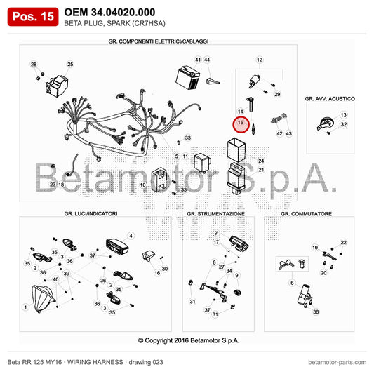 BETA PLUG, SPARK (CR7HSA) – OEM 34.04020.000, position 15 on the Beta RR 125 MY16 wiring harness drawing