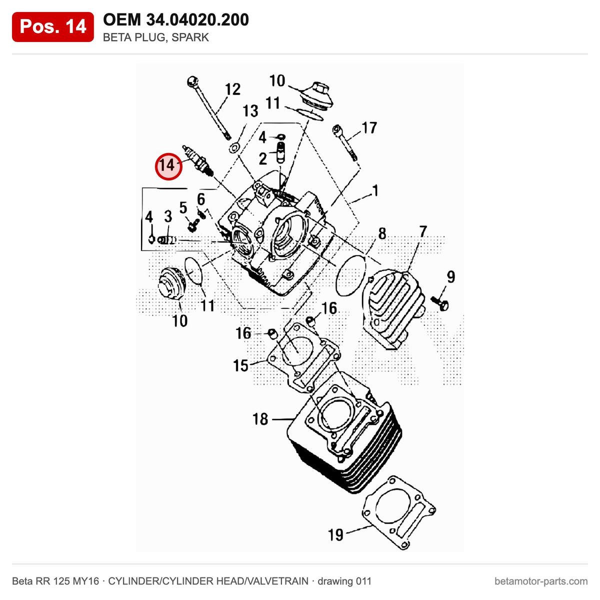 BETA PLUG, SPARK – OEM 34.04020.200, position 14 on the Beta RR 125 MY16 cylinder/cylinder head/valvetrain drawing