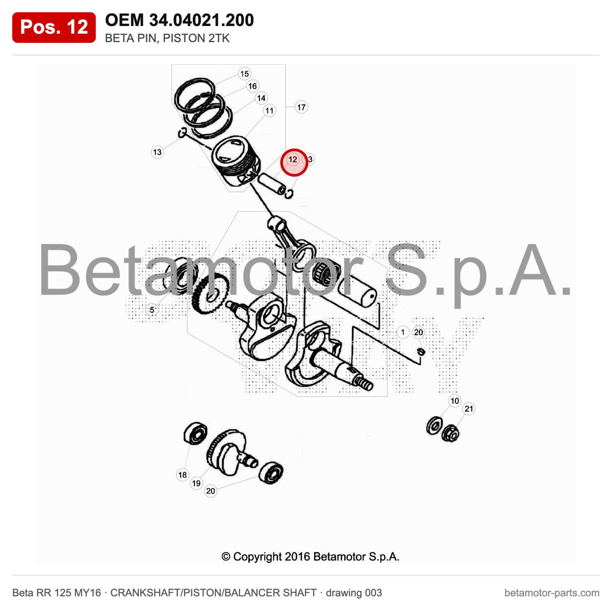 BETA PIN, PISTON 2TK – OEM 34.04021.200, position 12 on the Beta RR 125 MY16 crankshaft/piston/balancer shaft drawing