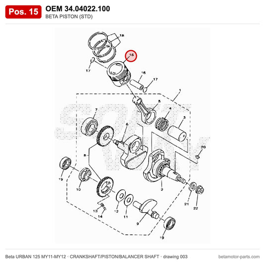 BETA PISTON (STD) – OEM 34.04022.100, position 15 on the Beta URBAN 125 MY11-MY12 crankshaft/piston/balancer shaft drawing