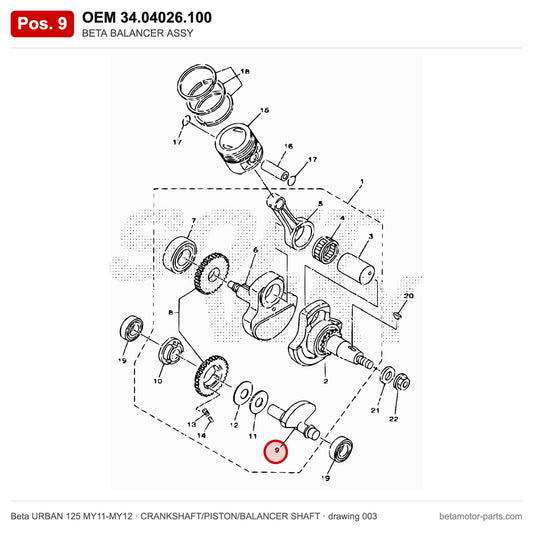 BETA BALANCER ASSY – OEM 34.04026.100, position 9 on the Beta URBAN 125 MY11-MY12 crankshaft/piston/balancer shaft drawing