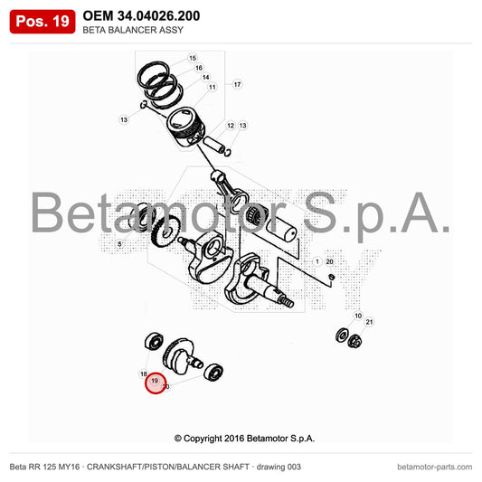BETA BALANCER ASSY – OEM 34.04026.200, position 19 on the Beta RR 125 MY16 crankshaft/piston/balancer shaft drawing