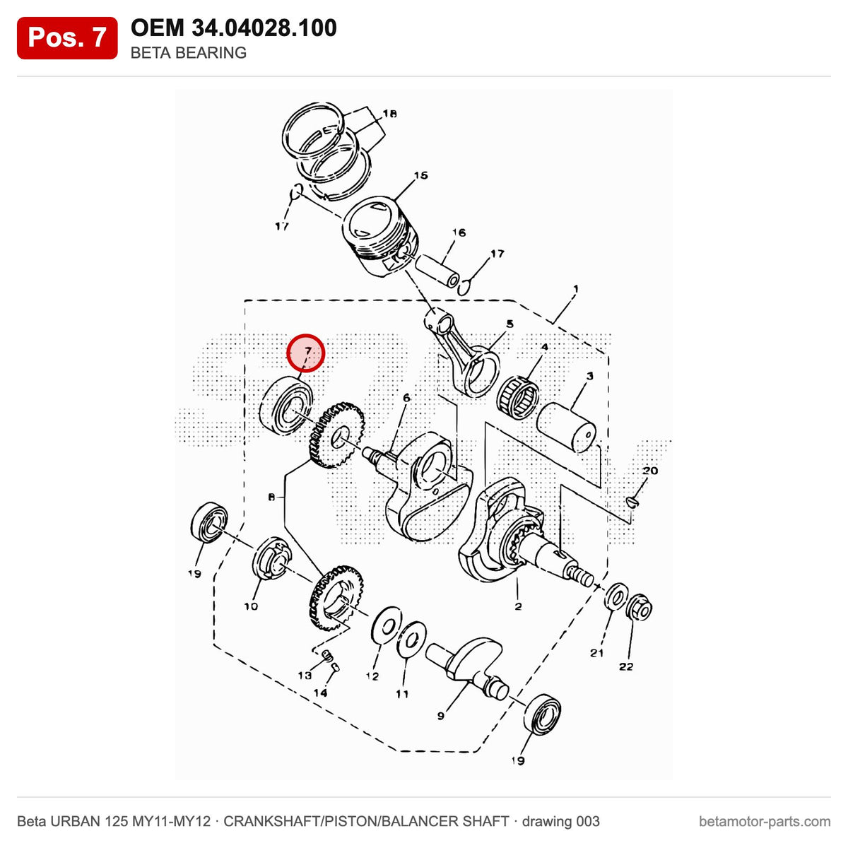 BETA BEARING – OEM 34.04028.100, position 7 on the Beta URBAN 125 MY11-MY12 crankshaft/piston/balancer shaft drawing