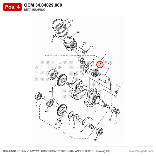 BETA BEARING – OEM 34.04029.000, position 4 on the Beta URBAN 125 MY11-MY12 crankshaft/piston/balancer shaft drawing