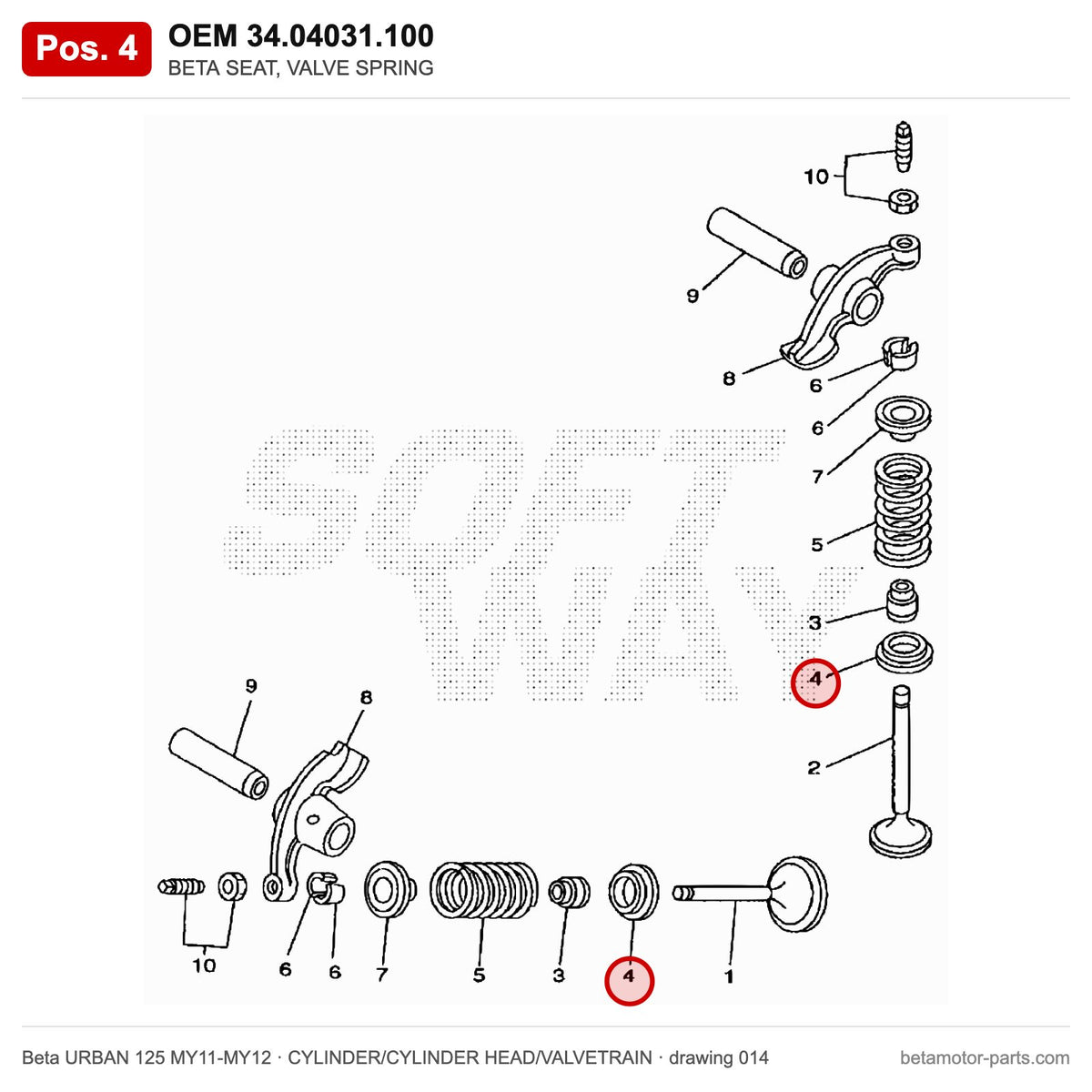 BETA SEAT, VALVE SPRING – OEM 34.04031.100, position 4 on the Beta URBAN 125 MY11-MY12 cylinder/cylinder head/valvetrain drawing