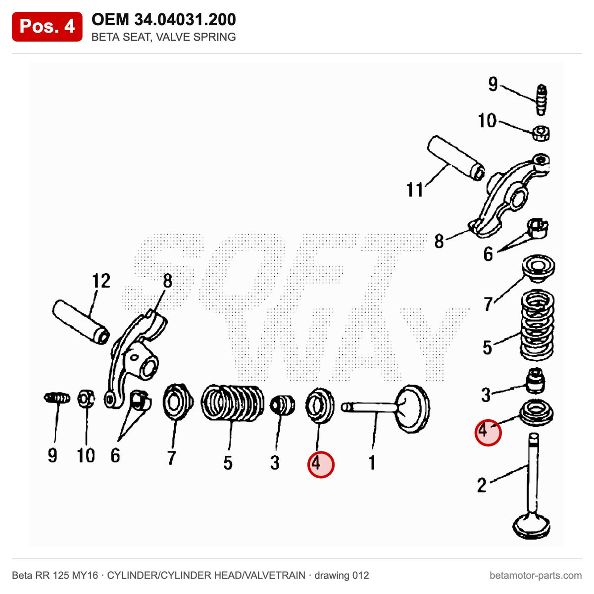 BETA SEAT, VALVE SPRING – OEM 34.04031.200, position 4 on the Beta RR 125 MY16 cylinder/cylinder head/valvetrain drawing
